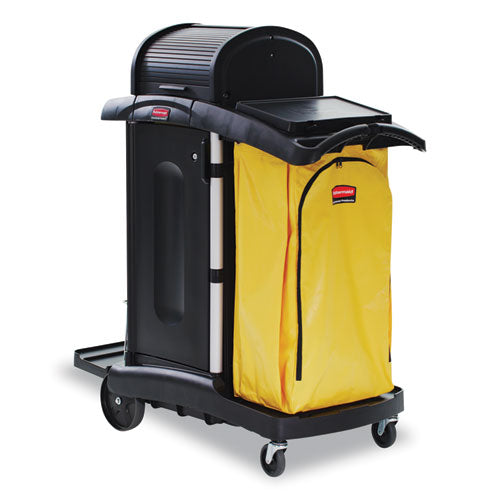 Image of Rubbermaid® Commercial FG9T7500BLA High-Security Healthcare Cleaning Cart, Metal, 4 Shelves, 1 Bin, 22" x 48.25" x 53.5", Black