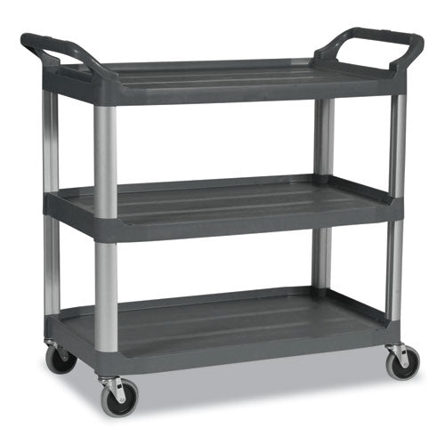 Image of Rubbermaid® Commercial FG409100GRAY Xtra Utility Cart with Open Sides, Plastic, 3 Shelves, 300 lb Capacity, 20" x 40.63" x 37.8", Gray