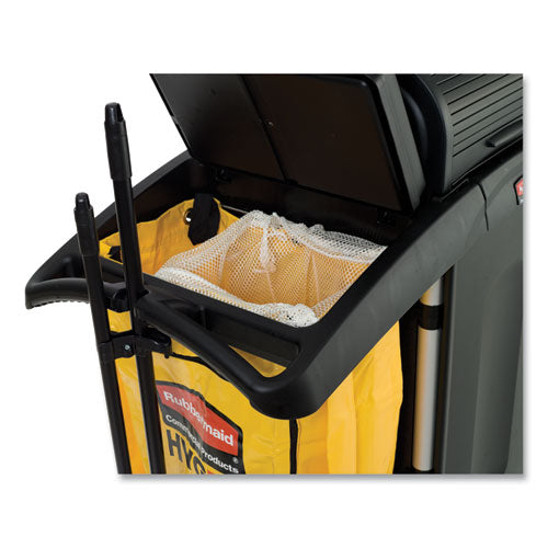 Image of Rubbermaid® Commercial FG9T7500BLA High-Security Healthcare Cleaning Cart, Metal, 4 Shelves, 1 Bin, 22" x 48.25" x 53.5", Black