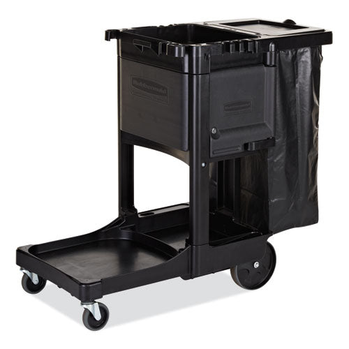 Image of Rubbermaid® Commercial 1861430 Executive Janitorial Cleaning Cart, Plastic, 4 Shelves, 1 Bin, 21.75" x 46" x 38.38", Black