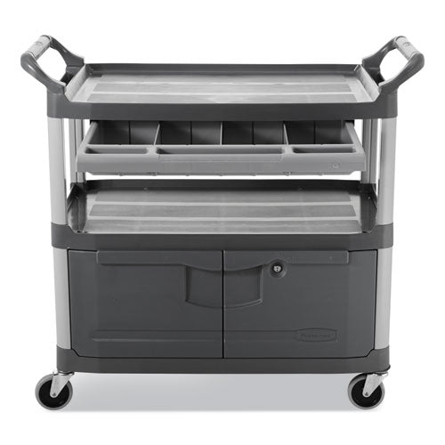 Image of Rubbermaid® Commercial FG409400GRAY Xtra Instrument Cart with Locking Storage Area, Plastic, 3 Shelves, 300 lb Capacity, 20" x 40.63" x 37.8", Gray