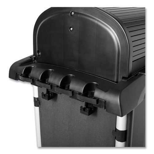 Image of Rubbermaid® Commercial 1861427 Executive High Security Janitorial Cleaning Cart, Plastic, 4 Shelves, 1 Bin, 23.1" x 39.6" x 27.5", Black