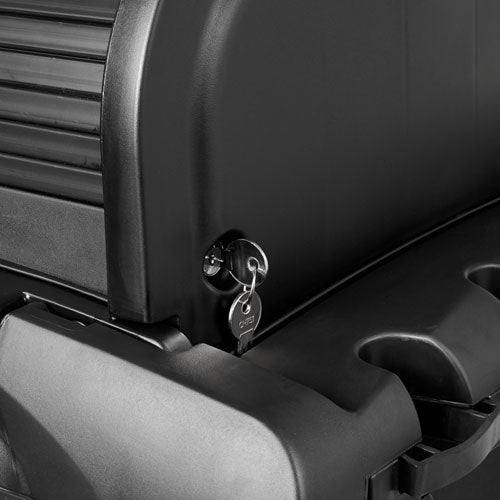 Image of Rubbermaid® Commercial 1861427 Executive High Security Janitorial Cleaning Cart, Plastic, 4 Shelves, 1 Bin, 23.1" x 39.6" x 27.5", Black