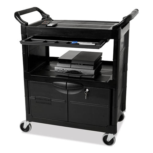 Image of Rubbermaid® Commercial FG345700BLA Utility Cart with Locking Doors, Plastic, 3 Shelves, 200 lb Capacity, 33.63" x 18.63" x 37.75", Black