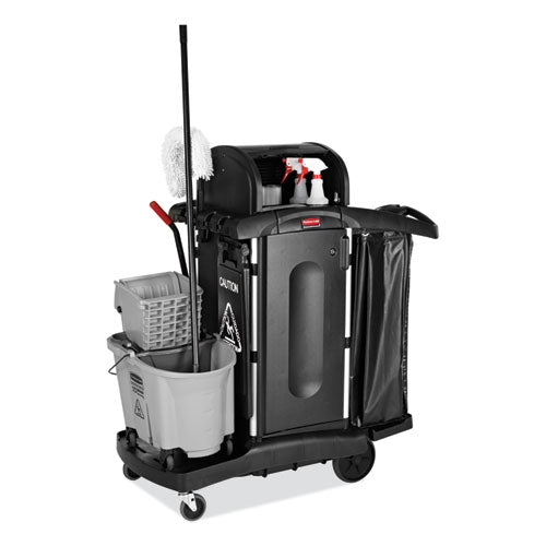 Image of Rubbermaid® Commercial 1861427 Executive High Security Janitorial Cleaning Cart, Plastic, 4 Shelves, 1 Bin, 23.1" x 39.6" x 27.5", Black