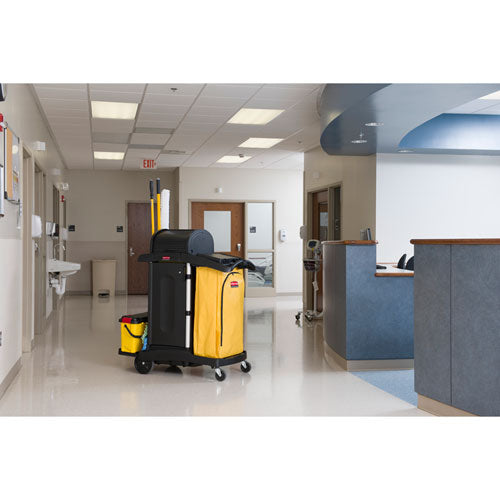 Image of Rubbermaid® Commercial FG9T7500BLA High-Security Healthcare Cleaning Cart, Metal, 4 Shelves, 1 Bin, 22" x 48.25" x 53.5", Black