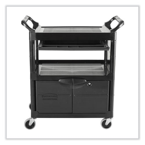 Image of Rubbermaid® Commercial FG345700BLA Utility Cart with Locking Doors, Plastic, 3 Shelves, 200 lb Capacity, 33.63" x 18.63" x 37.75", Black