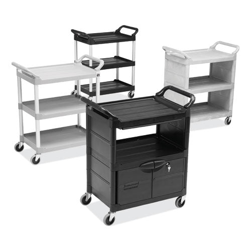 Image of Rubbermaid® Commercial FG345700BLA Utility Cart with Locking Doors, Plastic, 3 Shelves, 200 lb Capacity, 33.63" x 18.63" x 37.75", Black