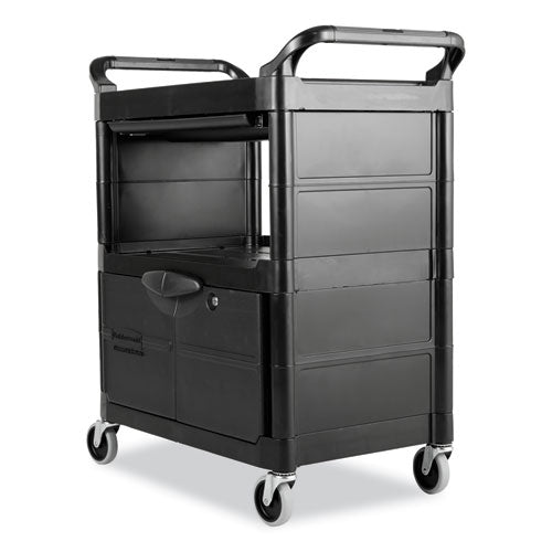 Image of Rubbermaid® Commercial FG345700BLA Utility Cart with Locking Doors, Plastic, 3 Shelves, 200 lb Capacity, 33.63" x 18.63" x 37.75", Black