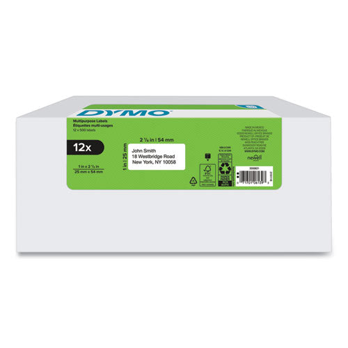 Image of DYMO® 2050821 LW Multipurpose Labels, 1" x 2.13", White, 500 Labels/Roll, 12 Rolls/Pack