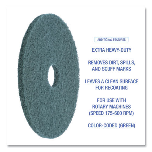 Image of Boardwalk® BWK4019GRE Heavy-Duty Scrubbing Floor Pads, 19" Diameter, Green, 5/carton