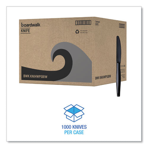 Image of Boardwalk® BWKKNIHWPSBIW Heavyweight Wrapped Polystyrene Cutlery, Knife, Plastic, Black, 1,000/Carton