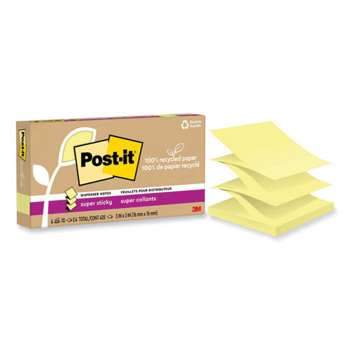 Image of Post-it® Notes Super Sticky R330R-6SSCY 100% Recycled Paper Super Sticky Notes, 3" x 3", Canary Yellow, 70 Sheets/Pad, 6 Pads/Pack