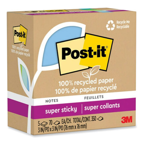 Image of Post-it® Notes Super Sticky 654R-5SST 100% Recycled Paper Super Sticky Notes, 3" x 3", Oasis, 70 Sheets/Pad, 5 Pads/Pack