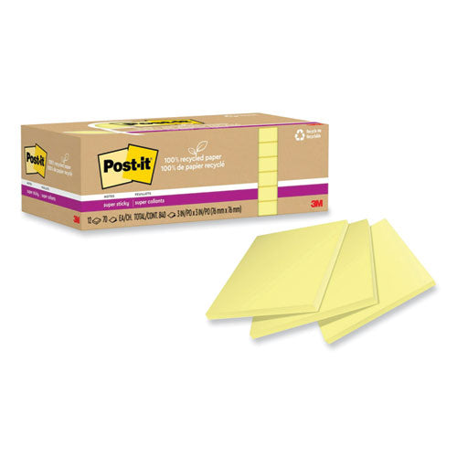 Image of Post-it® Notes Super Sticky 654R-12SSCY 100% Recycled Paper Super Sticky Notes, 3" x 3", Canary Yelow, 70 Sheets/Pad, 12 Pads/Pack