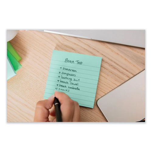Image of Post-it® Notes Super Sticky 675R-3SST 100% Recycled Paper Super Sticky Notes, Ruled, 4" x 4", Oasis, 70 Sheets/Pad, 3 Pads/Pack