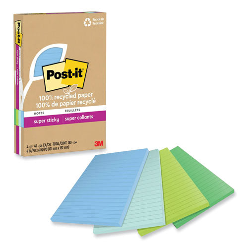 Image of Post-it® Notes Super Sticky 4621R-4SST 100% Recycled Paper Super Sticky Notes, Ruled, 4" x 6", Oasis, 45 Sheets/Pad, 4 Pads/Pack