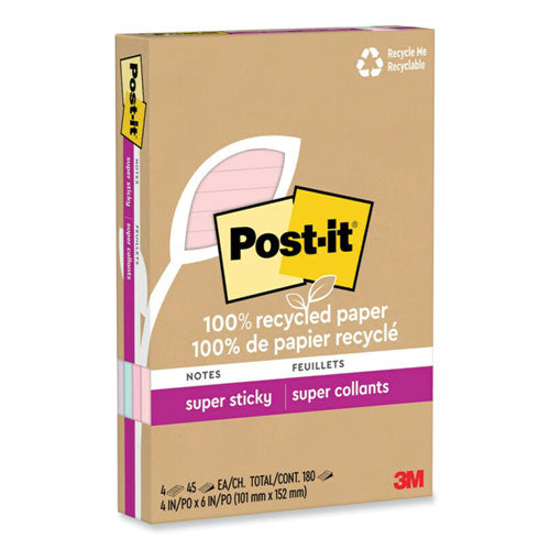 Image of Post-it® Notes Super Sticky 4621R-4SSNRP 100% Recycled Paper Super Sticky Notes, Ruled, 4" x 6", Wanderlust Pastels, 45 Sheets/Pad, 4 Pads/Pack