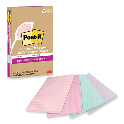 Image of Post-it® Notes Super Sticky 4621R-4SSNRP 100% Recycled Paper Super Sticky Notes, Ruled, 4" x 6", Wanderlust Pastels, 45 Sheets/Pad, 4 Pads/Pack