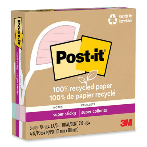 Image of Post-it® Notes Super Sticky 675R-3SSNRP 100% Recycled Paper Super Sticky Notes, Ruled, 4" x 4", Wanderlust Pastels, 70 Sheets/Pad, 3 Pads/Pack