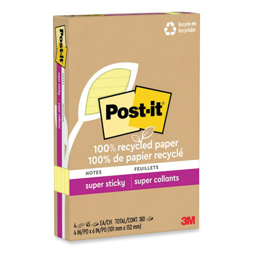 Image of Post-it® Notes Super Sticky 4621R-4SSCY 100% Recycled Paper Super Sticky Notes, Ruled, 4" x 6", Canary Yellow, 45 Sheets/Pad, 4 Pads/Pack