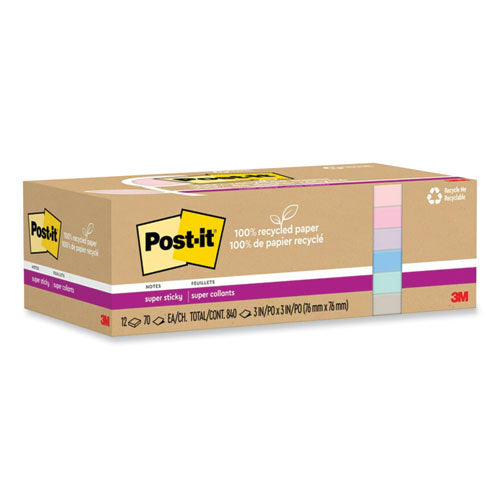 Image of Post-it® Notes Super Sticky 654R-12SSNRP 100% Recycled Paper Super Sticky Notes, 3" x 3", Wanderlust Pastels, 70 Sheets/Pad, 12 Pads/Pack