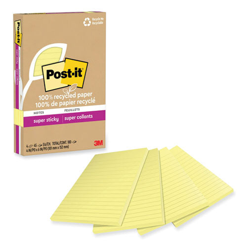 Image of Post-it® Notes Super Sticky 4621R-4SSCY 100% Recycled Paper Super Sticky Notes, Ruled, 4" x 6", Canary Yellow, 45 Sheets/Pad, 4 Pads/Pack