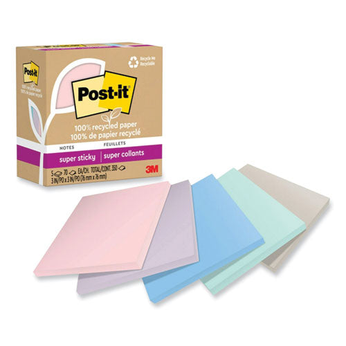 Image of Post-it® Notes Super Sticky 654R-5SSNRP 100% Recycled Paper Super Sticky Notes, 3" x 3", Wanderlust Pastels, 70 Sheets/Pad, 5 Pads/Pack