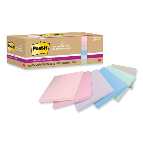 Image of Post-it® Notes Super Sticky 654R-12SSNRP 100% Recycled Paper Super Sticky Notes, 3" x 3", Wanderlust Pastels, 70 Sheets/Pad, 12 Pads/Pack