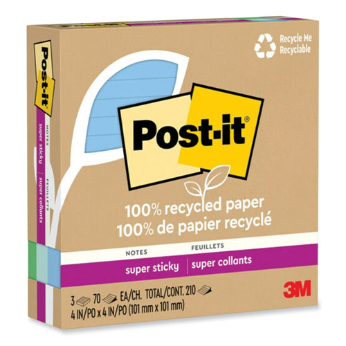 Image of Post-it® Notes Super Sticky 675R-3SST 100% Recycled Paper Super Sticky Notes, Ruled, 4" x 4", Oasis, 70 Sheets/Pad, 3 Pads/Pack