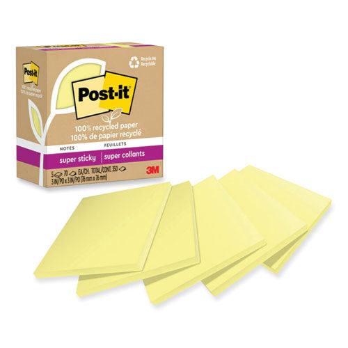 Image of Post-it® Notes Super Sticky 654R-5SSCY 100% Recycled Paper Super Sticky Notes, 3" x 3", Canary Yellow, 70 Sheets/Pad, 5 Pads/Pack