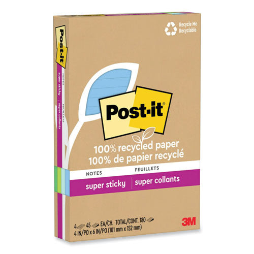 Image of Post-it® Notes Super Sticky 4621R-4SST 100% Recycled Paper Super Sticky Notes, Ruled, 4" x 6", Oasis, 45 Sheets/Pad, 4 Pads/Pack
