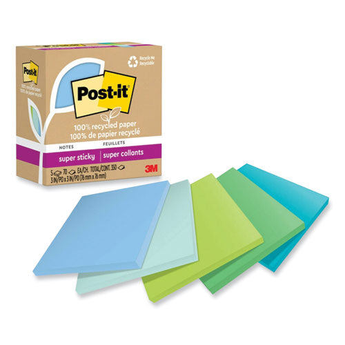 Image of Post-it® Notes Super Sticky 654R-5SST 100% Recycled Paper Super Sticky Notes, 3" x 3", Oasis, 70 Sheets/Pad, 5 Pads/Pack