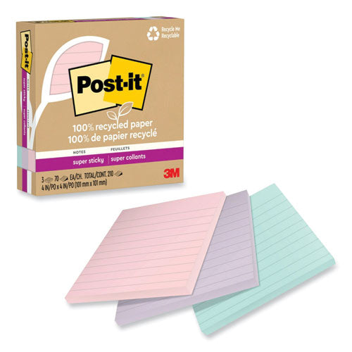 Image of Post-it® Notes Super Sticky 675R-3SSNRP 100% Recycled Paper Super Sticky Notes, Ruled, 4" x 4", Wanderlust Pastels, 70 Sheets/Pad, 3 Pads/Pack
