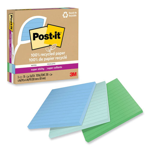 Image of Post-it® Notes Super Sticky 675R-3SST 100% Recycled Paper Super Sticky Notes, Ruled, 4" x 4", Oasis, 70 Sheets/Pad, 3 Pads/Pack