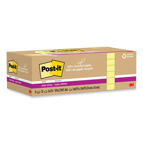 Image of Post-it® Notes Super Sticky 654R-12SSCY 100% Recycled Paper Super Sticky Notes, 3" x 3", Canary Yelow, 70 Sheets/Pad, 12 Pads/Pack