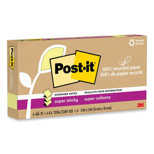 Image of Post-it® Notes Super Sticky R330R-6SSCY 100% Recycled Paper Super Sticky Notes, 3" x 3", Canary Yellow, 70 Sheets/Pad, 6 Pads/Pack