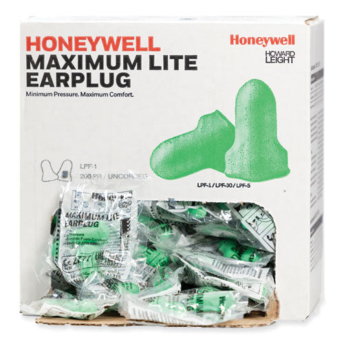 Image of Howard Leight® by Honeywell LPF-1 MAXIMUM Lite Single-Use Earplugs, 30 dB NRR, One Size Fits Most, Green Bell/T-Shaped Plugs, 200/Box