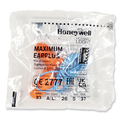 Image of Howard Leight® by Honeywell MAX530 MAXIMUM Single-Use Earplugs, Corded, 33 dB NRR, One Size Fits Most, Coral Bell/T-Shaped Plugs, 100/Box
