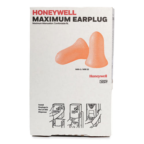 Image of Howard Leight® by Honeywell MAX-1 MAXIMUM Single-Use Earplugs, 33 dB NRR, One Size Fits Most, Coral Bell/T-Shaped Plugs, 200/Box