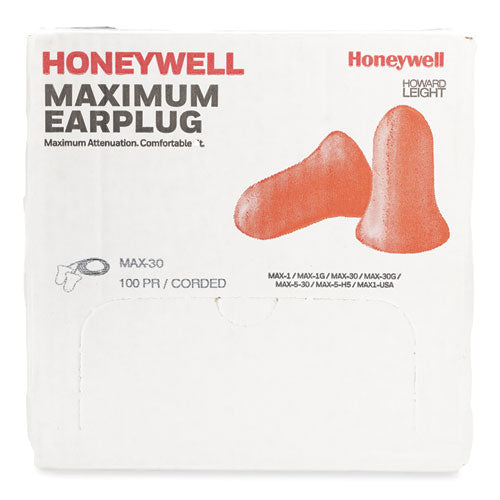 Image of Howard Leight® by Honeywell MAX530 MAXIMUM Single-Use Earplugs, Corded, 33 dB NRR, One Size Fits Most, Coral Bell/T-Shaped Plugs, 100/Box