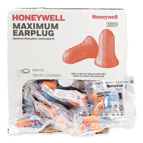 Image of Howard Leight® by Honeywell MAX530 MAXIMUM Single-Use Earplugs, Corded, 33 dB NRR, One Size Fits Most, Coral Bell/T-Shaped Plugs, 100/Box