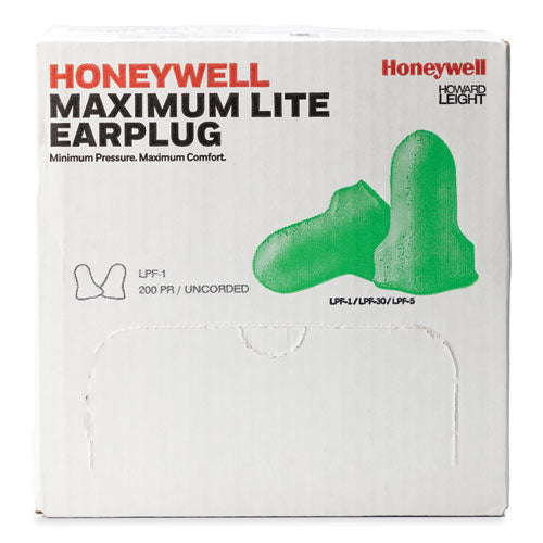 Image of Howard Leight® by Honeywell LPF-1 MAXIMUM Lite Single-Use Earplugs, 30 dB NRR, One Size Fits Most, Green Bell/T-Shaped Plugs, 200/Box