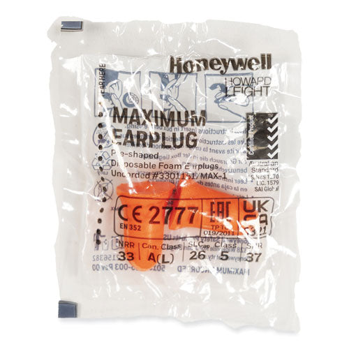 Image of Howard Leight® by Honeywell MAX-1 MAXIMUM Single-Use Earplugs, 33 dB NRR, One Size Fits Most, Coral Bell/T-Shaped Plugs, 200/Box