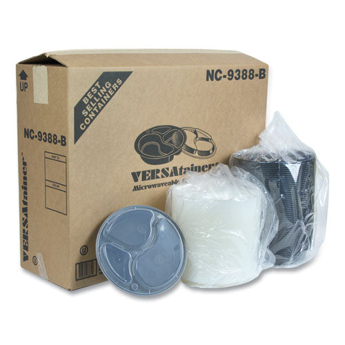 Image of Pactiv Evergreen NC9388B Newspring VERSAtainer Microwavable Containers, Round, 3 Compartment, 39 oz, 9.5 x 9.5 x 2.3, Black/Clear, Plastic, 150/Carton