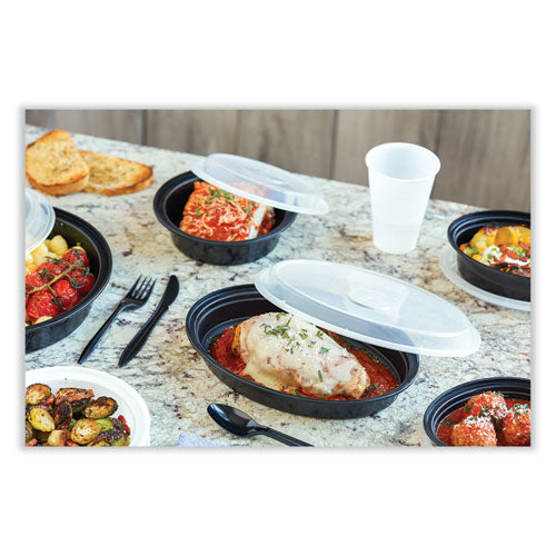 Image of Pactiv Evergreen OC24B Newspring VERSAtainer Microwavable Containers, Oval, 24 oz, 9.1 x 6.7 x 1.45, Black/Clear, Plastic, 150/Carton