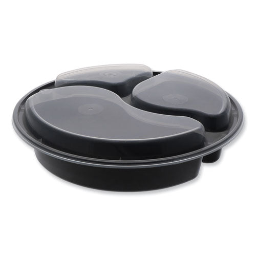 Image of Pactiv Evergreen NC9388B Newspring VERSAtainer Microwavable Containers, Round, 3 Compartment, 39 oz, 9.5 x 9.5 x 2.3, Black/Clear, Plastic, 150/Carton