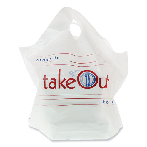 Image of AmerCareRoyal® RPWB1919 Wave Top To-Go Bags, Take-Out Labeling, Cut-Out Handles, 19" x 9.5" x 19", White/Blue/Red, 500/Carton