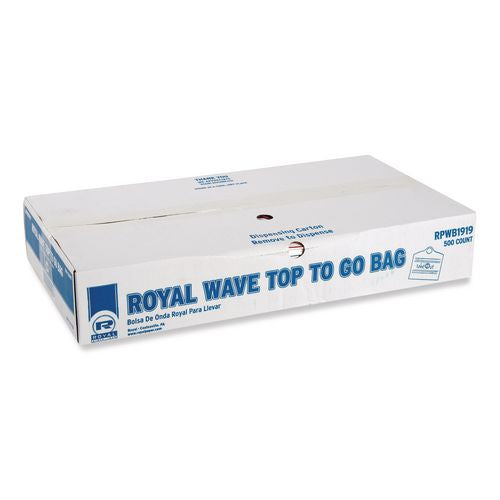 Image of AmerCareRoyal® RPWB1919 Wave Top To-Go Bags, Take-Out Labeling, Cut-Out Handles, 19" x 9.5" x 19", White/Blue/Red, 500/Carton