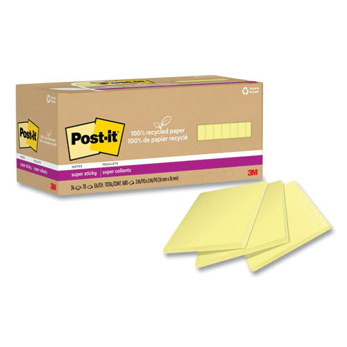 Image of Post-it® Notes Super Sticky 654R-24SSCY-CP 100% Recycled Paper Super Sticky Notes, 3" x 3", Canary Yellow, 70 Sheets/Pad, 24 Pads/Pack